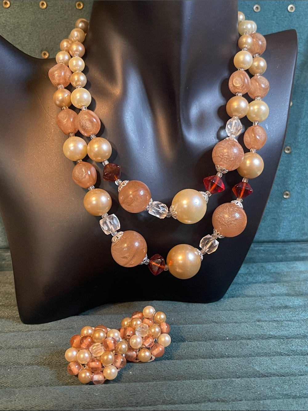 1960’s Japan Champagne & Faux Pearl Beaded Double Strand Necklace & Earring Set
